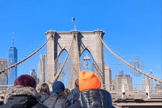a group of people on Brooklyn bridge